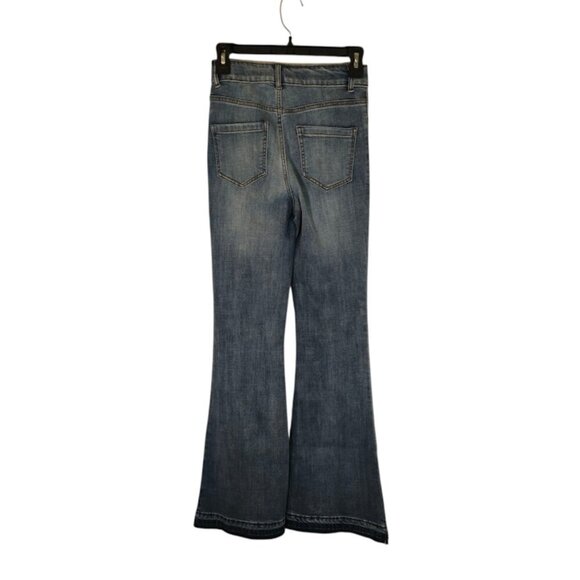 GB NWT Juniors Flare Leg Jeans Size 1 Blue Button Fly Raw Hem Bohemian Retro - Picture 2 of 7